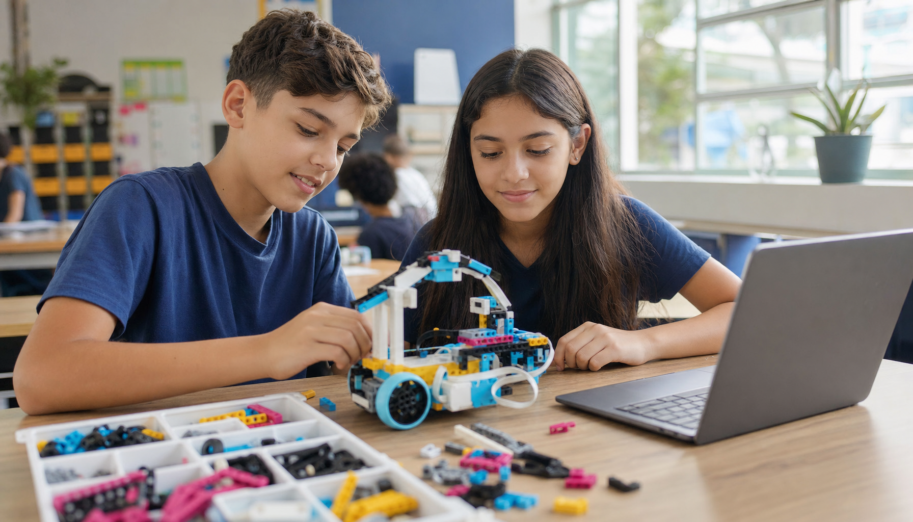 Dois alunos do ensino fundamental montando um robô de LEGO Education com notebook em uma sala de aula moderna e iluminada