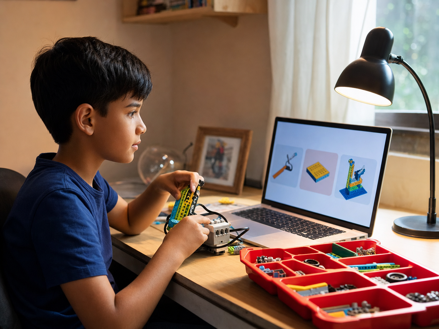 Aluno seguindo uma aula de robótica no laptop e montando o kit LEGO na mesa de casa