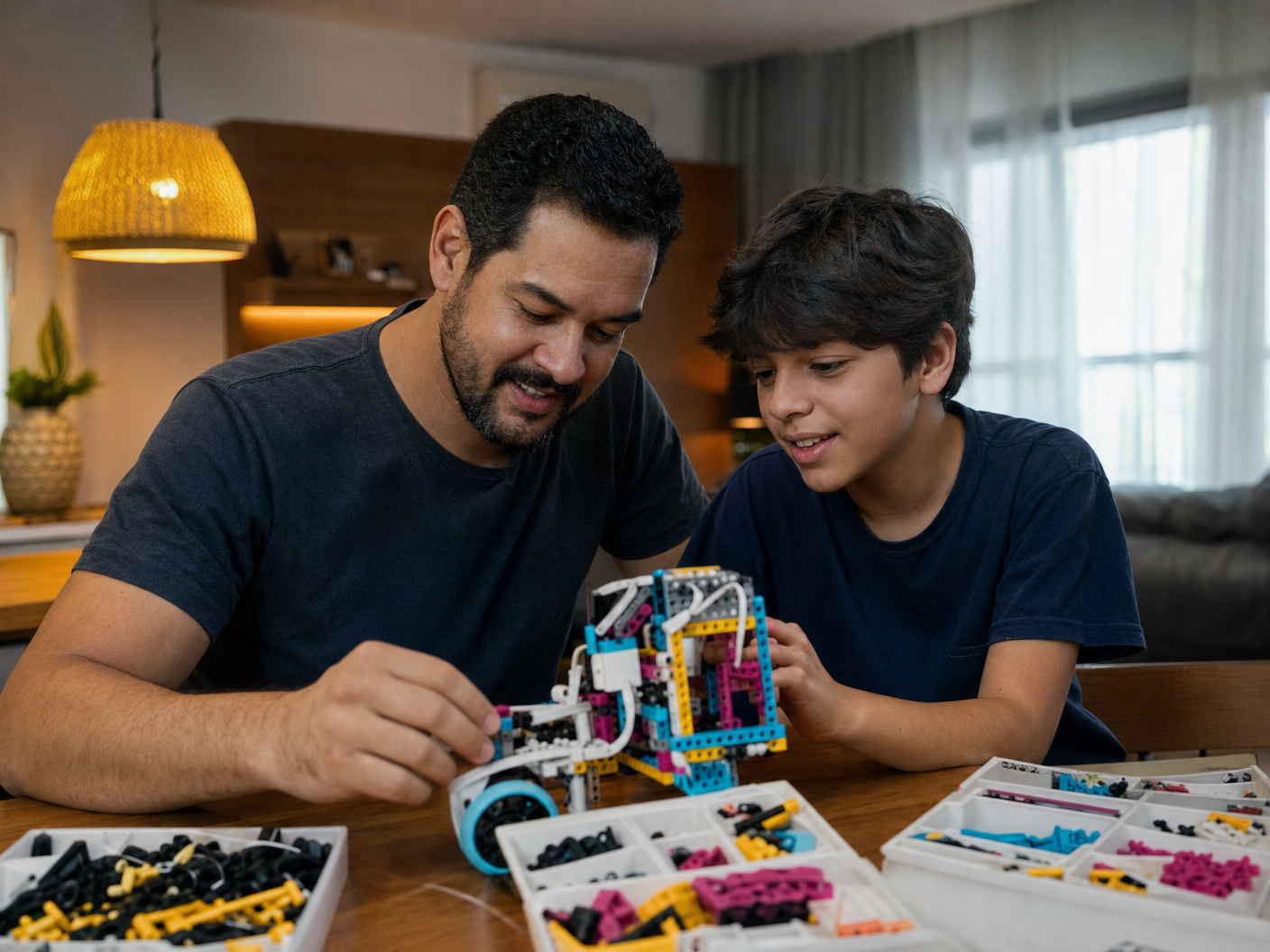 Carlos e seu filho montando um robô de LEGO Education na mesa de casa, à noite