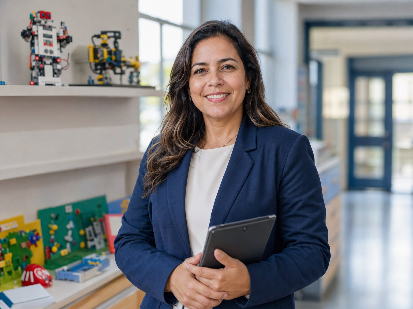 Regina, coordenadora pedagógica, de blazer azul com um tablet no corredor da escola, com robôs de LEGO em uma prateleira ao fundo