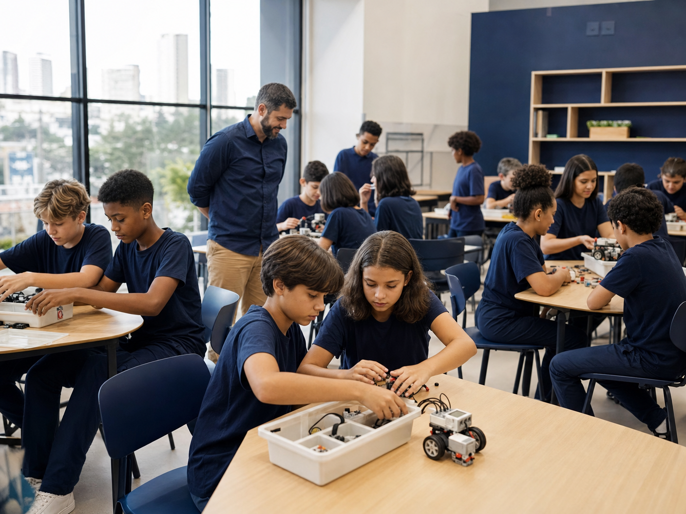 Turma inteira de alunos trabalhando com kits de robótica LEGO em uma escola moderna, com o professor circulando entre as mesas