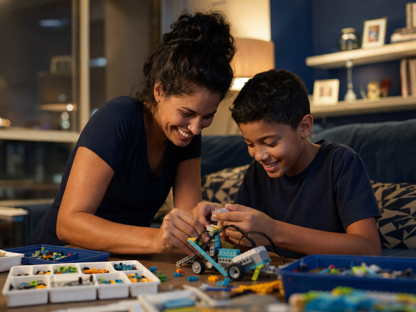Mãe e filho montando um kit de robótica LEGO Education na mesa da sala de casa, à noite