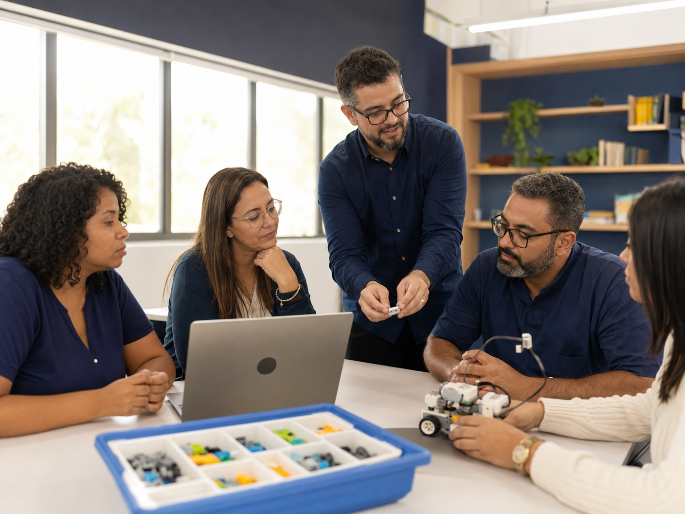 Grupo de professores em formação continuada aprendendo a usar um kit de robótica LEGO Education com um instrutor